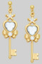 Brass Key Drop Earrings With Stone Detail
