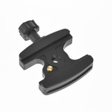 Arca Swiss compatible quick release clamp shown with detent pin and rubber knob.  Works with any Arca style quick release plate.