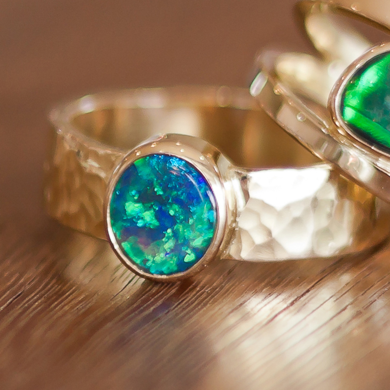 Crystal Opal -9k Gold Ring -Hammered Band - Lost Sea Opals