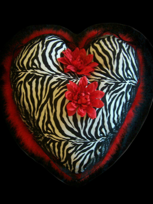 Zebra Print Heart Pillow with Red Floral Accents & Faux Fur Trim. • Gothic Romance Zebra Stripe Heart Accent Pillow. black and white zebra pattern 
