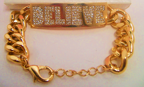 Gold Tone  Rhinestone "Believe" Bling Link Bracelet