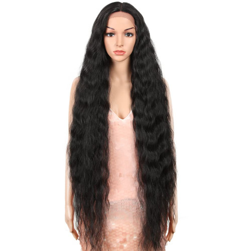 41" Long Wavy Synthetic Wig Simulated Scalp Lace Front Wig with Baby Hair Half Hand Tied 130% Density Black Wig ( (41", 1B) 1B)