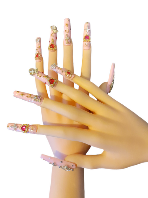 Long Pink Rhinestone Press On Nail Set Fake Nails