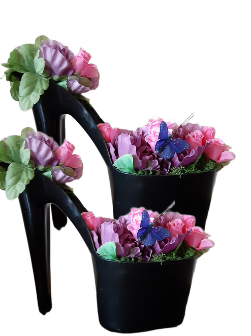 High Heels Shaped Flower Pot With Artificial Plants  Set 2pcs Red and Yellow Roses
