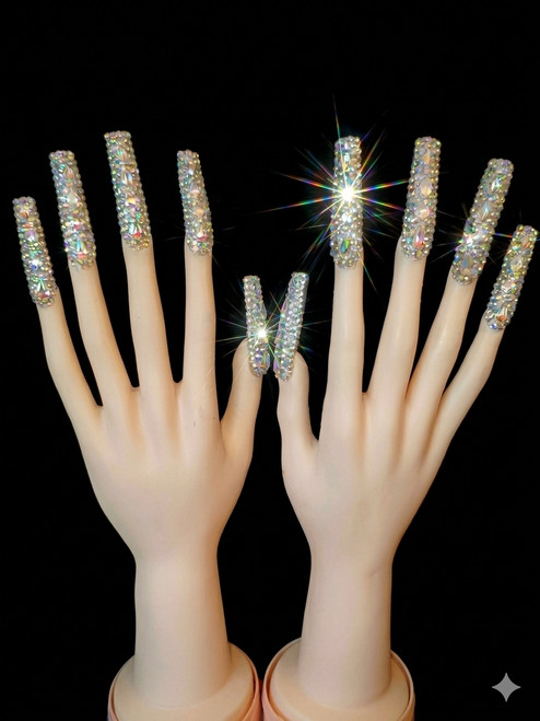 Silver Rhinestone Multicolor Press On Nails