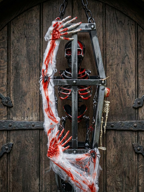 Gothic skeleton coffin prop,  Spooky Halloween porch decor, Haunted house door decoration, Crimson blood skeleton prop, Halloween coffin hanging ornament