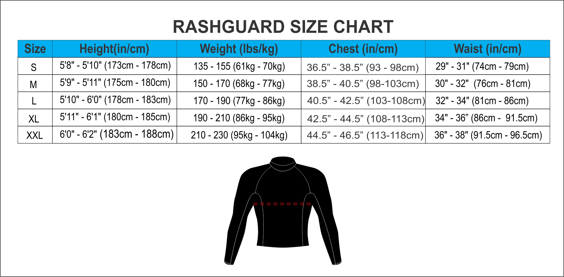 Rashguard Size Chart