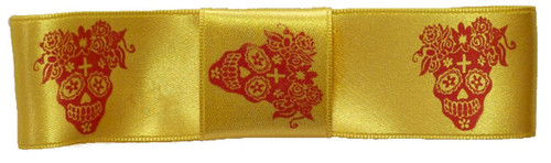 Icons on Original Double Faced Satin - Day of the Dead - Red ink on Amarillo