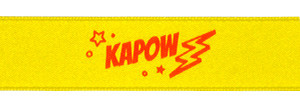 Red ink "Kapow" on Golden Chain Ribbon - Tidings on Original Double Faced Satin