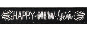 Metallic Silver ink "Happy New Year" on Black Ribbon - Tidings on Original Double Faced Satin