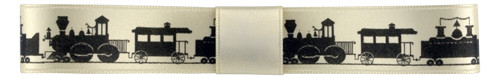Icons on Original Double Faced Satin - Black ink Trains on Bone Ribbon