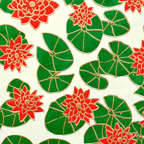 Gift Wrap - Water Lilies - Cream/Metallic Red/Green and Gold