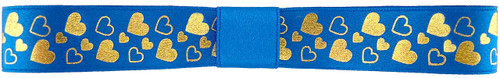 Icons on Original Double Faced Satin - Metallic Gold Ink Hearts on Cerulean Ribbon