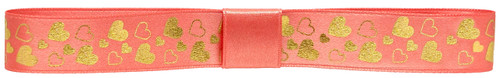 Icons on Original Double Faced Satin - Metallic Gold Ink Hearts on Coral Ribbon