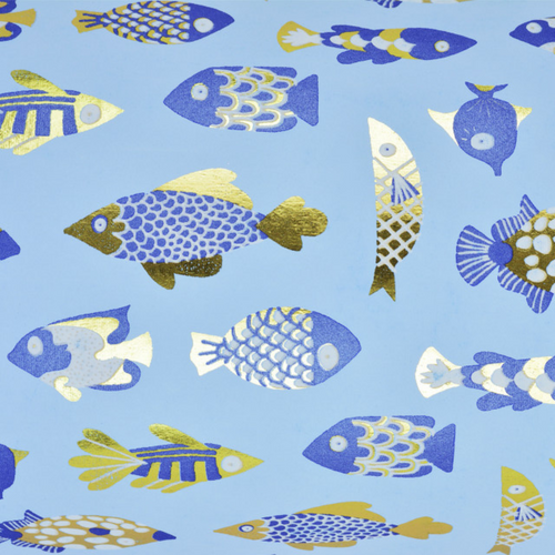 Fish Light Blue Navy/White/Gold Foil Gift Wrap