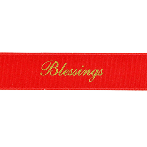 "Blessings" Metallic Gold Ink on Red - Double Faced Satin Sayings