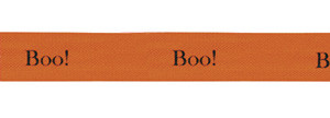 Black ink "Boo" on Persimmon Ribbon - Tidings on Rayon Trimming
