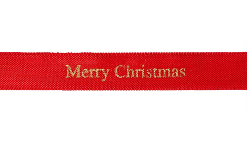 Metallic Gold ink "Merry Christmas" on True Red Ribbon - Tidings on Rayon Trimming