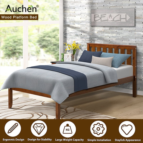 Twin Bed, Auchen 12" Twin Bed Frame, Deluxe Wood Platform Bed, Bed Frame With Headboard / Wood Slat Support / Max Weight Capacity 275 Lb / No Box Spring Needed - (style 2 - Walnut)