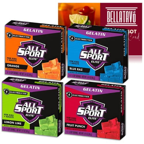 Hydration Powder Gelatin Jello Shot Bundle. Includes All Sport In Blue Raz, Lemon Lime, Fruit Punch And Orange Jello Flavors And A Bellatavo Jello Shot Recipe Card! Good Source Of Electrolytes!