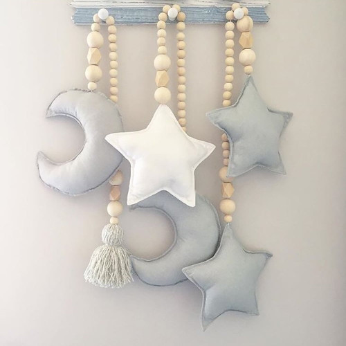 Wooden Beads Moon Star Kids Infant Crib Cradle Wall Hanging Ornament Photo Props