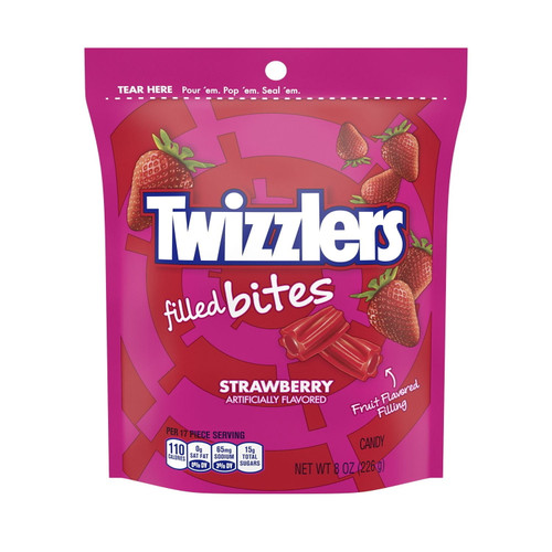Twizzlers, Filled Bites Strawberry Flavored Chewy Candy, Low Fat, 8 Oz, Resealable Bag