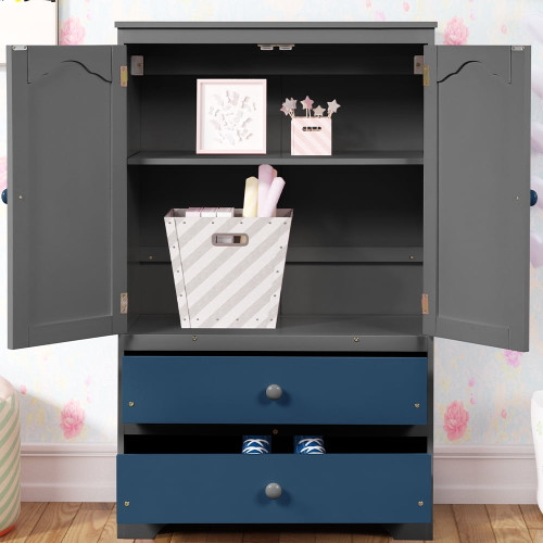 Irerts Kids Wardrobe Wood Closet Storage Cabinet, Freestanding Kids Dress Up Closet Clothing Rack With Doors, 2 Drawers, Clothes Rail, Gray