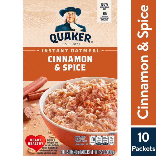 Quaker, Instant Oatmeal, Cinnamon& Spice, 1.51 Oz, 10 Packets