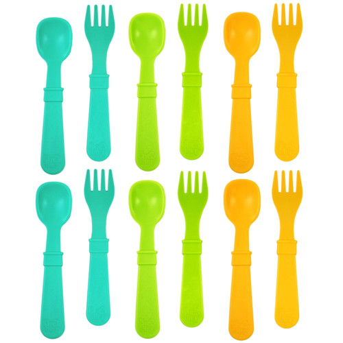 Re-play | Made In Usa | 12pk Fork And Spoon Utensil Set For Baby & Toddler Feeding | Bpa Free | Aqua, Lime, Yellow - Aqua Asst
