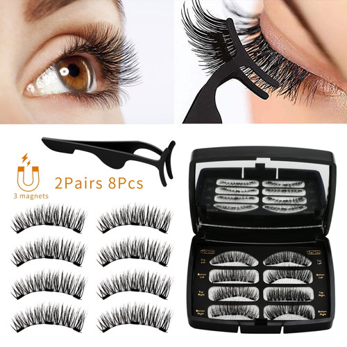 Allnice 2 Pairs Magnetic Eyelashes Dual Magnets False Eyelashes Reusable 3d No Glue 3 Fake Lashes Extension With Tweezers For Women Makeup, 8 Pieces