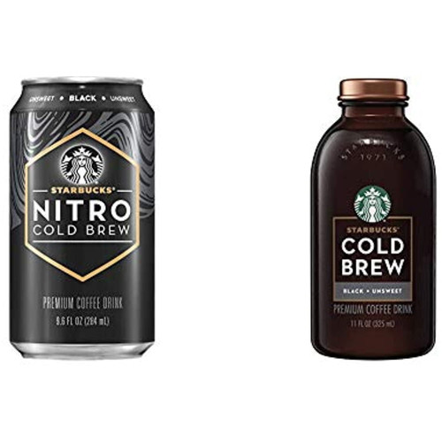 Starbucks Nitro Cold Brew, Black Unsweetened, 9.6 Fl Oz Can (8 Pack) & Cold Brew Coffee, Black Unsweetened, 11 Oz Glass Bottles, 6 Count