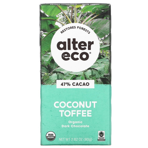 Alter Eco Organic Dark Chocolate Bar Coconut Toffee 47% Cacao 2.82 Oz