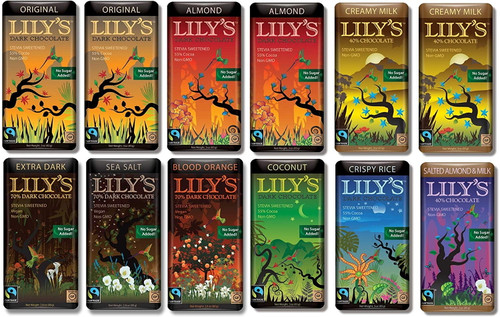 Lily's Chocolate Variety 12 Pack (2 Of Each. Original, Almond, Creamy Milk)(1 Of Each. Coconut, Crispy Rice, Salted Almond & Milk, Extra Dark Chocolate, Blood Orange, Sea Salt)