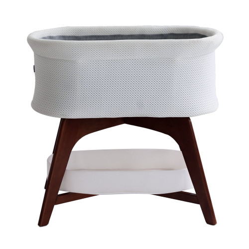 Trubliss Evi Smart And Connected Bassinet Crib Sleeper With Motion, Sound, And App, Modern White And Walnut