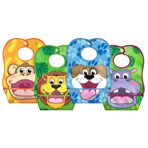 La Baby Crumb Snatcher Waterproof Pocket Bib Large, Catch-all Pocket Design, 4-pack (monkey, Lion, Hippo, Puppy)