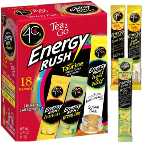 4c Energy Rush Stix, Iced Tea Variety 1 Pack, 18 Count, Single Serve Water Flavoring Packets, Sugar Free With Taurine, On The Go Bundle