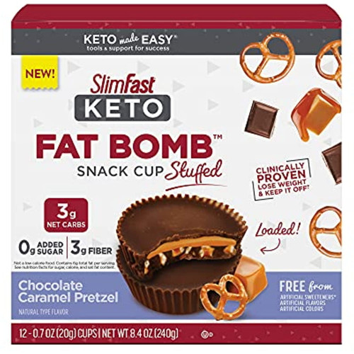 Slimfast Keto Fat Bomb Stuffed Snack Cup, Chocolate Caramel Pretzel, Keto Snacks For Weight Loss, Low Carb With 0g Added Sugar, 12 Count Box
