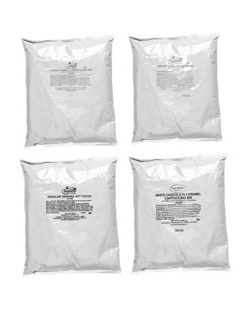 French Vanilla Cappuccino, Hot Chocolate, English Toffee, White Chocolate Caramel Cappuccino (4 Bags)