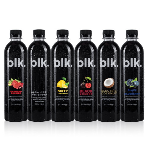 Blk. Essential Flavors - Water Infused With Fulvic Minerals, Original, Strawberry Rhubarb, Black Cherry, Dirty Lemonade, Electric Coconut, Black & Blueberry, 16.9 Oz, 6 Pack