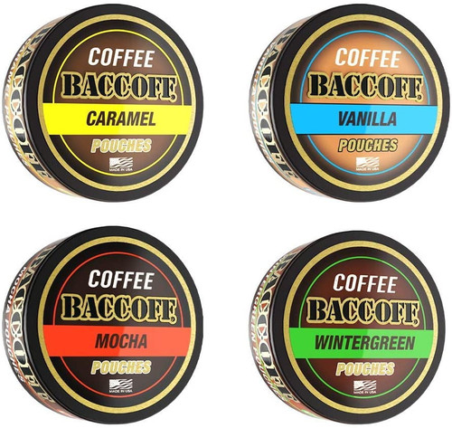 Baccoff, Premium Flavored Coffee Pouches, No Tobacco Dip, No Nicotine Smokeless Alternative Snuff, Caramel, Vanilla, Mocha, & Wintergreen Variety Pack (4 Cans)