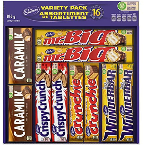 16 Full Size Chocolate Bars Variety Pack - Wunderbar, Caramilk, Mr.big, Crunchie, Crispy Crunch 816 G