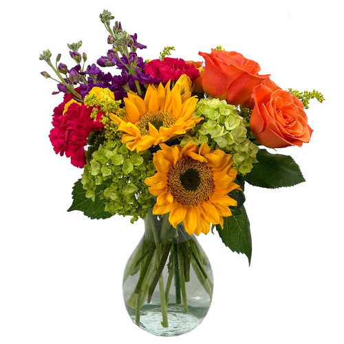 Hugs And Kisses By Arabella Bouquets With Free Elegant, Hand-blown Glass Vase (fresh-cut Flowers, Yellow, Orange, Green)