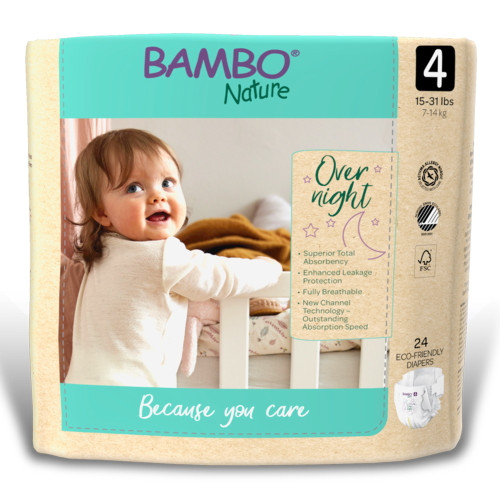 Bambo Nature Overnight Diapers, Eco-friendly Disposable Baby Diapers - Size 4, 15-31 Lbs, 24 Count, 8 Packs, 192 Total