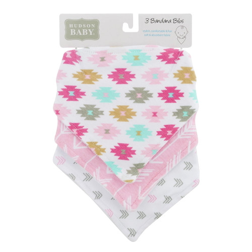 Hudson Baby Infant Girl Cotton Bandana Bibs 3pk, Aztec, One Size