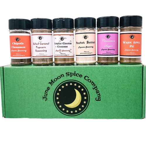 Popcorn Seasoning | Sweet 6 Pack | Chipotle Cinnamon | Salted Caramel | Campfire Chocolate | Peanut Butter | Cinnamon Sugar | Warm Apple Pie | Gift Box Included!