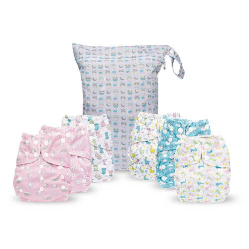 Simple Being Reusable Cloth Diapers,6 Pack Pocket Adjustable Size,waterproof Cover,6 Inserts,wet Bag, Double Gusset (girl Animals)