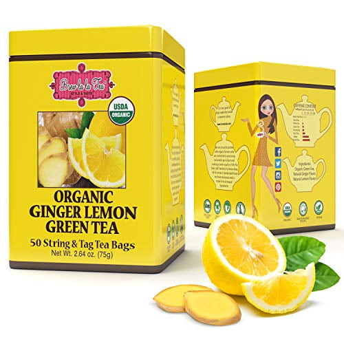 Brew La La Organic Green Tea - Natural Ginger Lemon Flavor - 50 Tea Bag Tin - Low Caffeine Tea - Usda Certified Organic