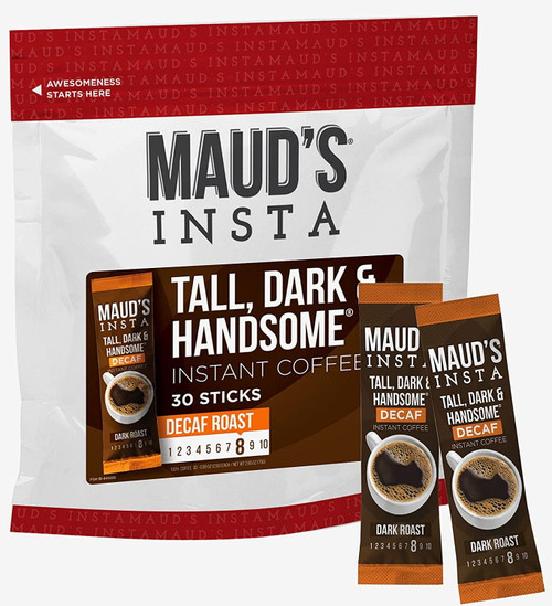 Maud's Instant Decaf Dark Roast Coffee (insta Decaf Tall Dark & Handsome), 30ct. Solar Energy Produced Single Serve Dark Roast Decaf Instant Coffee Travel Packs, 100% Arabica Coffee California Roasted