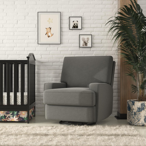 Baby Relax Rylan Swivel Glider Recliner Nursery Chair, Dark Gray Linen Cushions With Coil Seating,