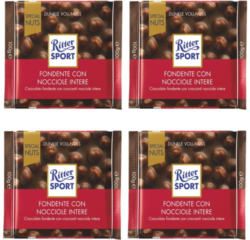Ritter Sport Dark Chocolate With Whole Hazelnuts 3.5-ounce/100g Bars, Pack Of 4